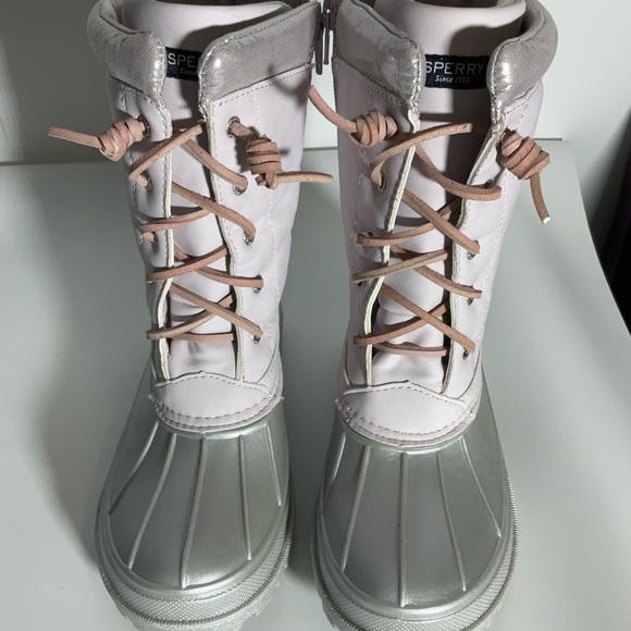 Sperry Kid’s Trailboard Boot Pink Shaft Laces Silver Upper Rubber Sole Zipper 3M - Picture 4 of 14
